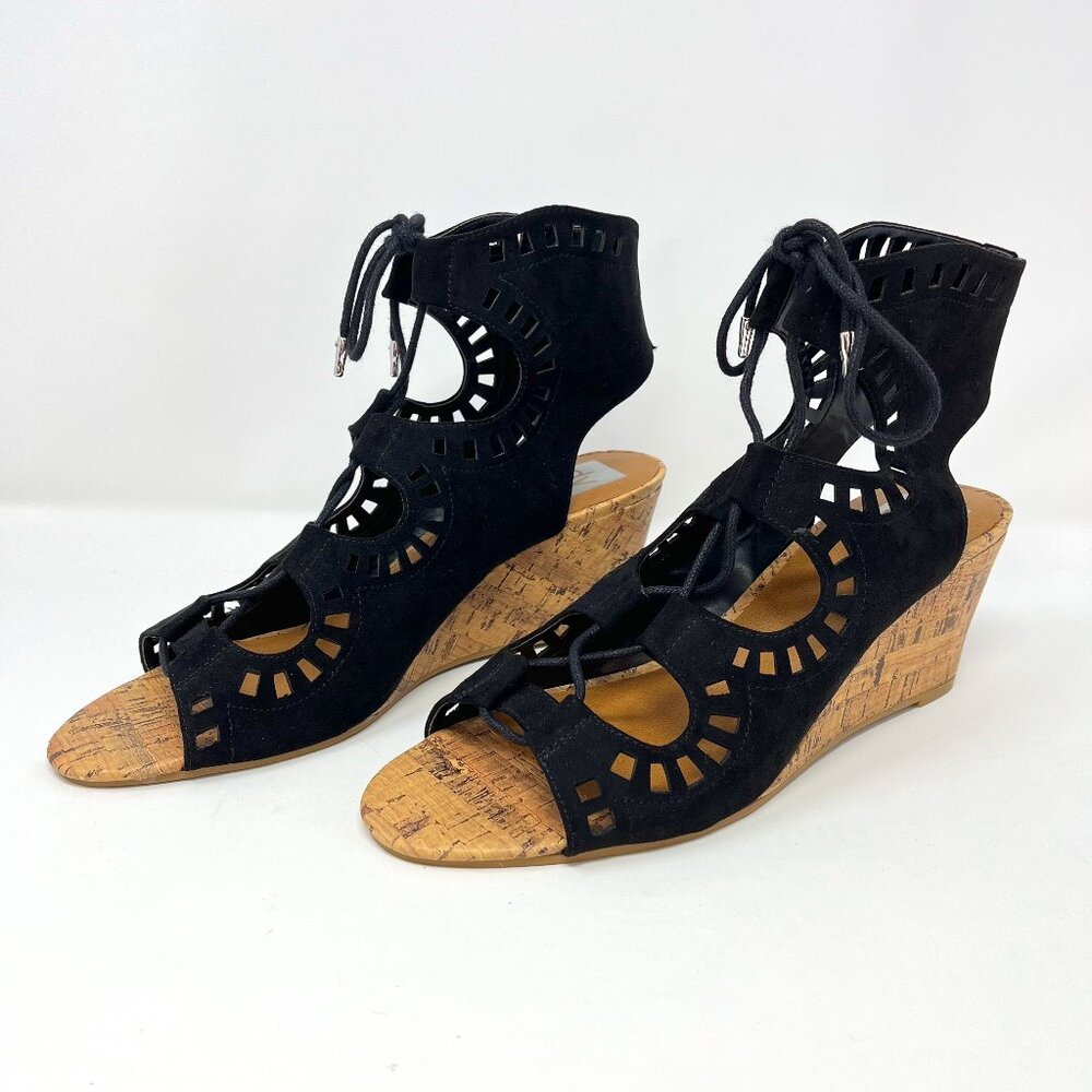 DV by Dolce Vita Gladiator Women's Black Faux Suede Cork Wedge Heels Size 11